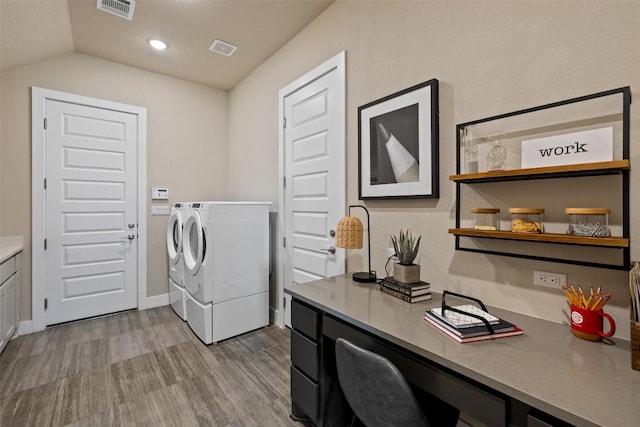 217 Northcrest Dr, Liberty Hill, TX 78642 - laundry room featuring separate washer and dryer, wood finished floors, an office area, baseboards, and recessed lighting