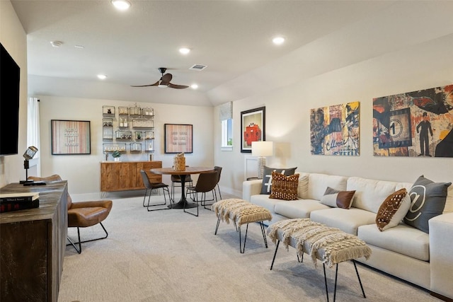 217 Northcrest Dr, Liberty Hill, TX 78642 - living room featuring light colored carpet, baseboards, a ceiling fan, and recessed lighting