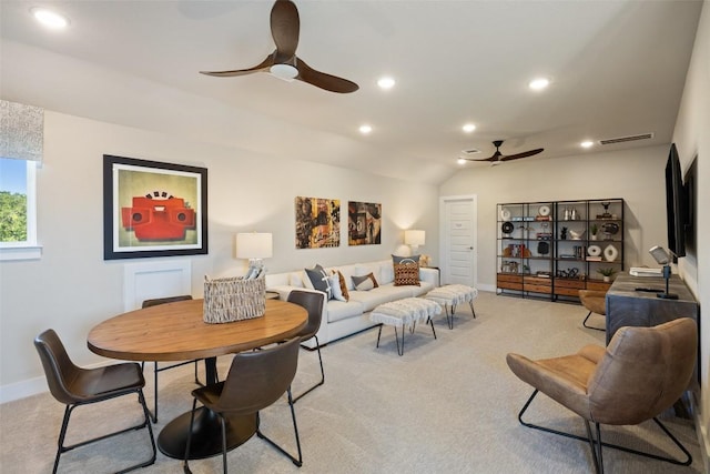 217 Northcrest Dr, Liberty Hill, TX 78642 - living area with ceiling fan, recessed lighting, light carpet, lofted ceiling, and baseboards