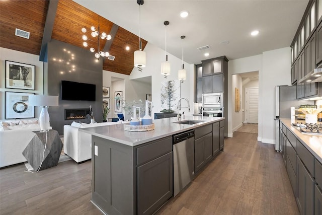 217 Northcrest Dr, Liberty Hill, TX 78642 - kitchen featuring stainless steel appliances, a sink, open floor plan, gray cabinets, and dark wood-type flooring