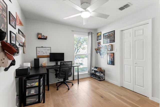 2312 Aldford Dr, Austin, TX 78745 - office with wood finished floors, ceiling fan, and baseboards