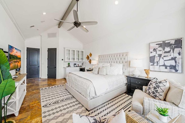 3500 River Oaks Dr, Kingsland, TX 78639 - bedroom featuring beam ceiling, high vaulted ceiling, stone finish floors, and a ceiling fan