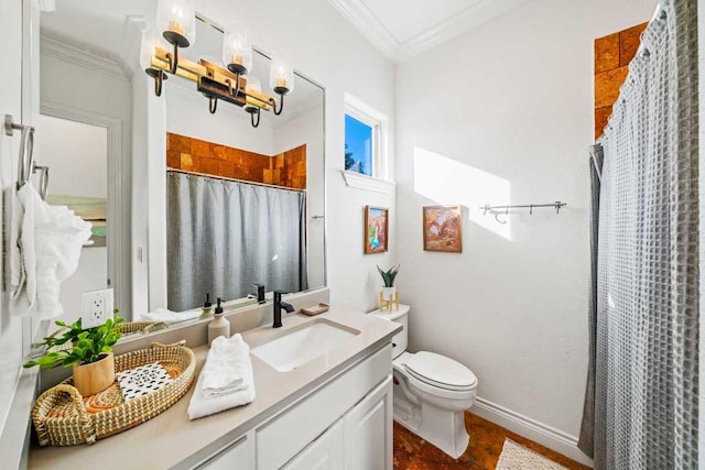 3500 River Oaks Dr, Kingsland, TX 78639 - bathroom featuring crown molding, vanity, and a shower with shower curtain