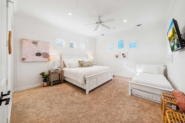 3500 River Oaks Dr, Kingsland, TX 78639 - bedroom featuring light colored carpet, recessed lighting, ornamental molding, and a ceiling fan