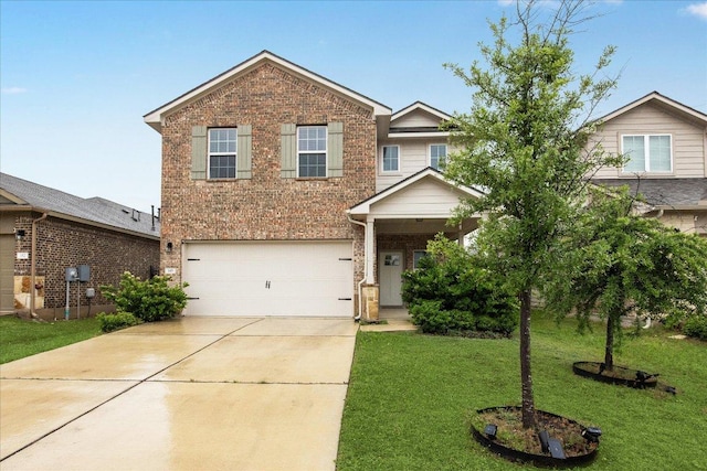 view of front facade featuring brick siding, concrete driveway, a front lawn, and an attached garage