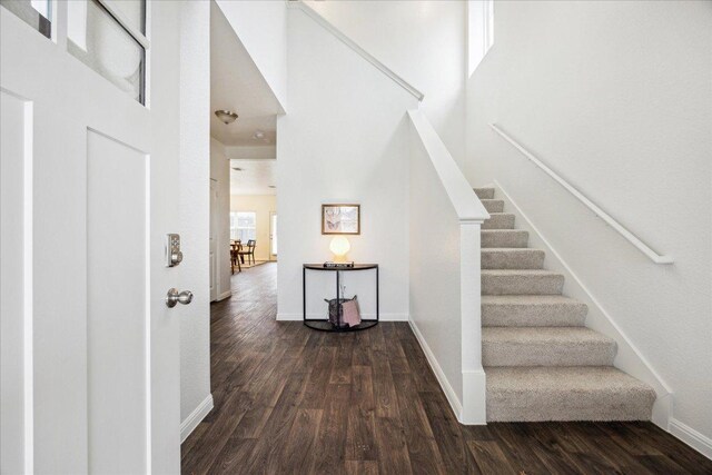 148 Feather Grass Ave, Leander, TX 78641 - stairs featuring wood finished floors and a towering ceiling