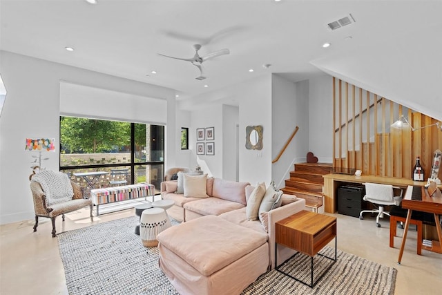 living area with stairs, ceiling fan, an office area, recessed lighting, and baseboards