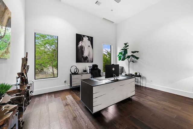912 Watercliffe, Lago Vista, TX 78645 - office with dark wood-type flooring, baseboards, and a towering ceiling