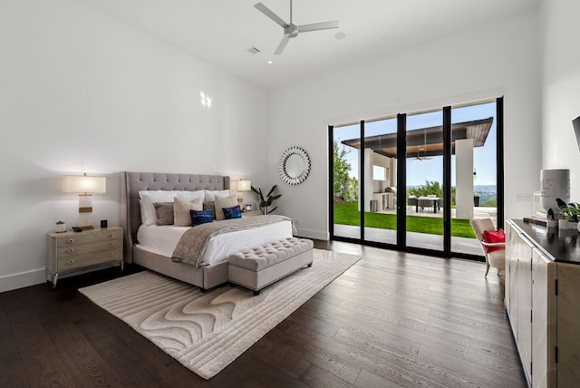 912 Watercliffe, Lago Vista, TX 78645 - bedroom with access to outside, dark wood-style floors, baseboards, a high ceiling, and ceiling fan