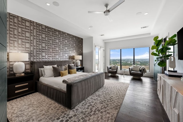 912 Watercliffe, Lago Vista, TX 78645 - bedroom with access to outside, wood finished floors, recessed lighting, and ceiling fan