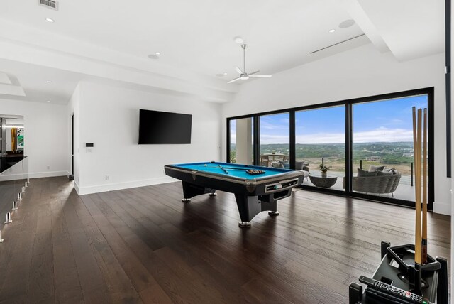 912 Watercliffe, Lago Vista, TX 78645 - recreation room with ceiling fan, baseboards, dark wood finished floors, billiards table, and recessed lighting