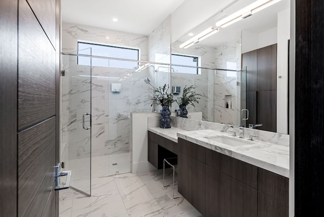 912 Watercliffe, Lago Vista, TX 78645 - full bathroom featuring a marble finish shower, marble tiled flooring, and vanity