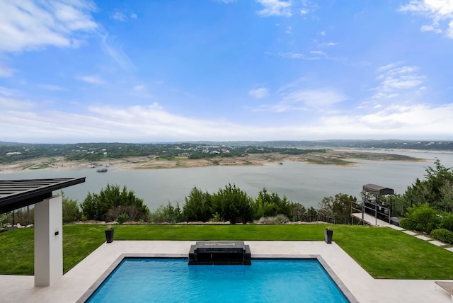 912 Watercliffe, Lago Vista, TX 78645 - swimming pool with a water view, a yard, and a patio