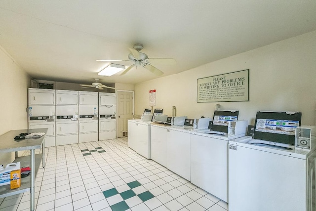 300 Crockett St Unit 210, Austin, TX 78704 - communal laundry room featuring stacked washer / dryer, washer and dryer, ceiling fan, and light tile patterned floors
