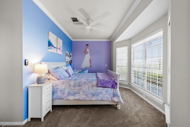 8909 Gallant Fox Rd, Austin, TX 78737 - carpeted bedroom with ornamental molding, baseboards, and ceiling fan