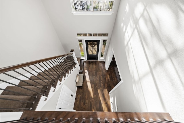 8909 Gallant Fox Rd, Austin, TX 78737 - foyer with a high ceiling, stairway, and wood finished floors