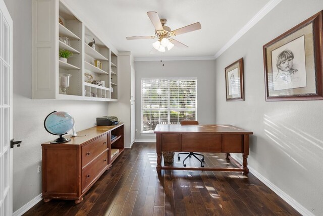 8909 Gallant Fox Rd, Austin, TX 78737 - office area featuring dark wood-style floors, crown molding, baseboards, and ceiling fan