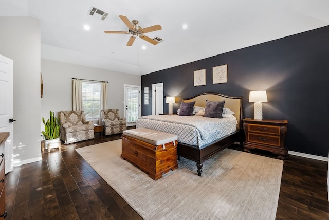 8909 Gallant Fox Rd, Austin, TX 78737 - bedroom with wood-type flooring, vaulted ceiling, baseboards, recessed lighting, and a ceiling fan