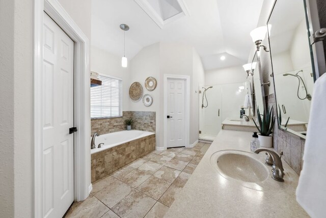 8909 Gallant Fox Rd, Austin, TX 78737 - full bath featuring a bath, a stall shower, double vanity, vaulted ceiling, and a closet