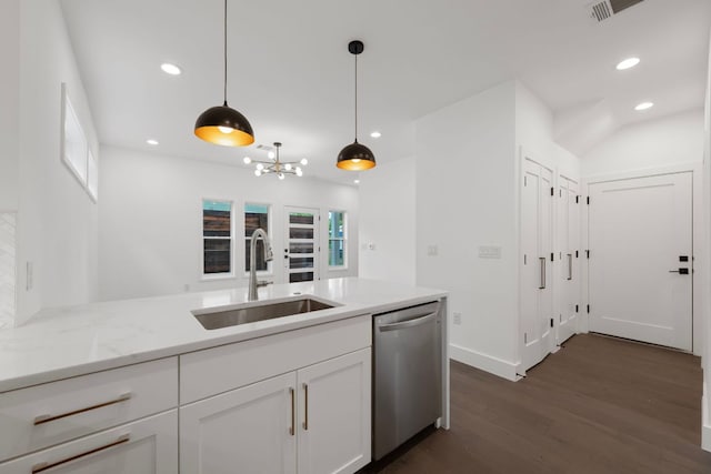 1204 W 51st St Unit 2, Austin, TX 78756 - kitchen featuring a sink, stainless steel dishwasher, dark wood-style floors, white cabinetry, and recessed lighting