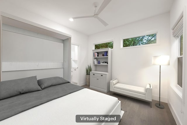 1204 W 51st St Unit 2, Austin, TX 78756 - bedroom with baseboards, wood finished floors, recessed lighting, ceiling fan, and ensuite bath