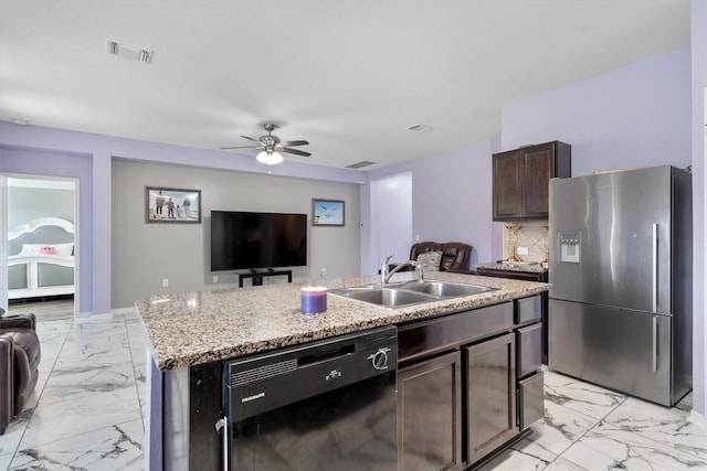 kitchen with stainless steel fridge with ice dispenser, dishwasher, light marble finish floors, and a sink