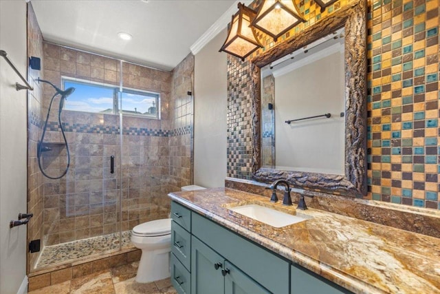 12013 Tarraza Ct, Austin, TX 78732 - bathroom featuring a shower stall, toilet, vanity, ornamental molding, and recessed lighting