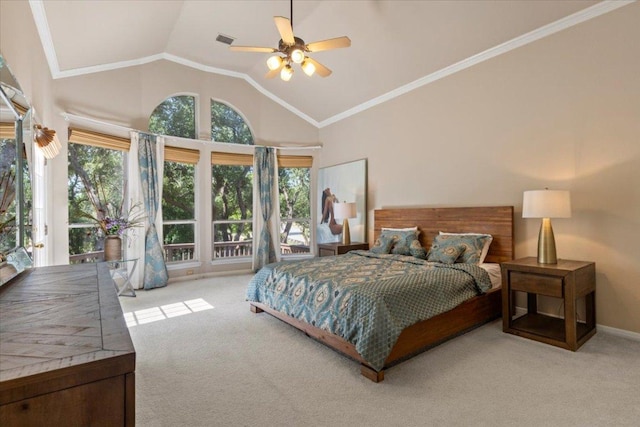 12013 Tarraza Ct, Austin, TX 78732 - carpeted bedroom with lofted ceiling, access to outside, ceiling fan, crown molding, and baseboards