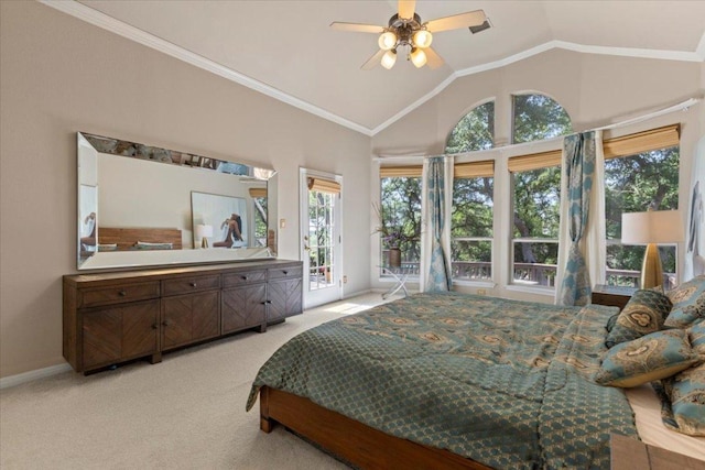12013 Tarraza Ct, Austin, TX 78732 - carpeted bedroom with access to exterior, vaulted ceiling, ornamental molding, a ceiling fan, and baseboards