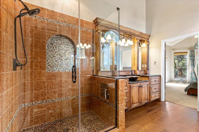 12013 Tarraza Ct, Austin, TX 78732 - bathroom featuring wood finished floors, a shower stall, and vanity