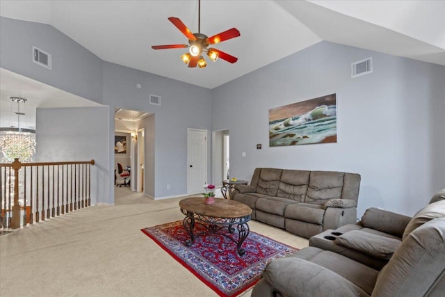 12013 Tarraza Ct, Austin, TX 78732 - living room with ceiling fan, light colored carpet, high vaulted ceiling, and baseboards