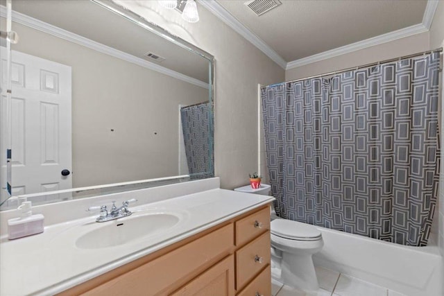 12013 Tarraza Ct, Austin, TX 78732 - full bathroom with vanity, toilet, tile patterned floors, and ornamental molding