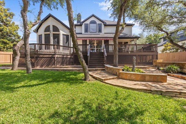 12013 Tarraza Ct, Austin, TX 78732 - rear view of house featuring a wooden deck and stairs