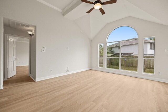 unfurnished living room featuring ceiling fan, light wood-type flooring, baseboards, and lofted ceiling