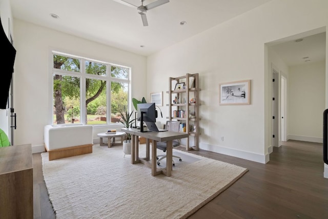 13213 Meridian Park Blvd, Austin, TX 78739 - home office with a ceiling fan, wood finished floors, baseboards, and recessed lighting