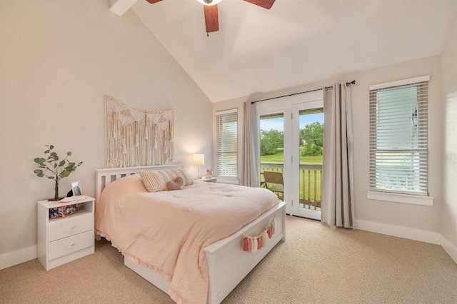 10305 Pickfair Dr, Austin, TX 78750 - bedroom featuring access to outside, multiple windows, light carpet, vaulted ceiling, and a ceiling fan