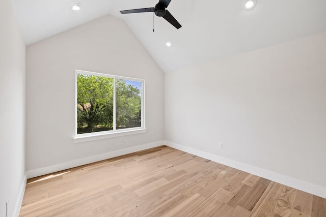 empty room with ceiling fan, wood finished floors, lofted ceiling, recessed lighting, and baseboards