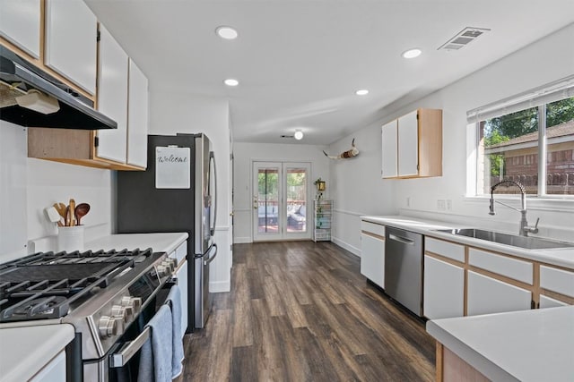 kitchen with appliances with stainless steel finishes, a sink, dark wood-style flooring, under cabinet range hood, and light countertops
