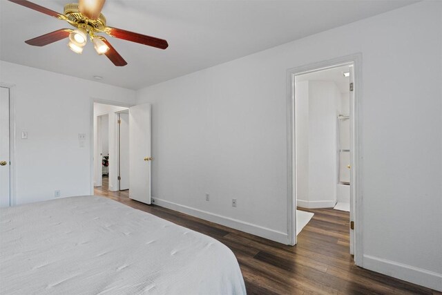 bedroom with wood finished floors, baseboards, and ceiling fan