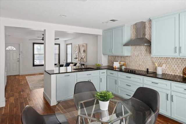 89 Jan Ln, Georgetown, TX 78626 - kitchen featuring a sink, wall chimney exhaust hood, black electric cooktop, a peninsula, and decorative backsplash