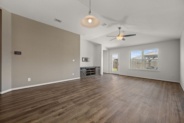 113 Evening Dusk Dr, Kyle, TX 78640 - unfurnished living room with lofted ceiling, ceiling fan, and dark wood finished floors