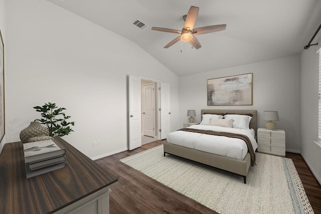 113 Evening Dusk Dr, Kyle, TX 78640 - bedroom with vaulted ceiling, dark wood-style flooring, baseboards, and ceiling fan
