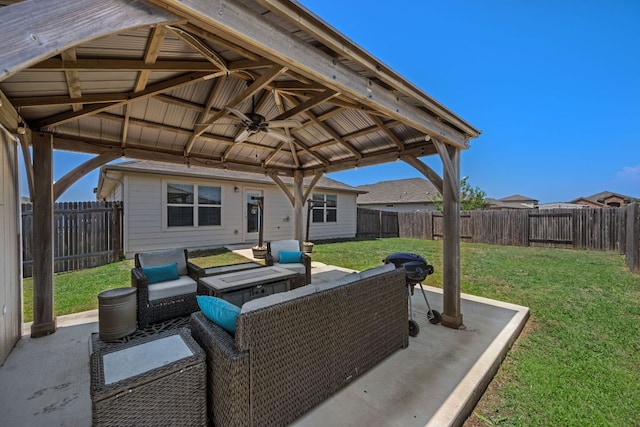 113 Evening Dusk Dr, Kyle, TX 78640 - view of patio / terrace featuring a gazebo, an outdoor living space, and ceiling fan