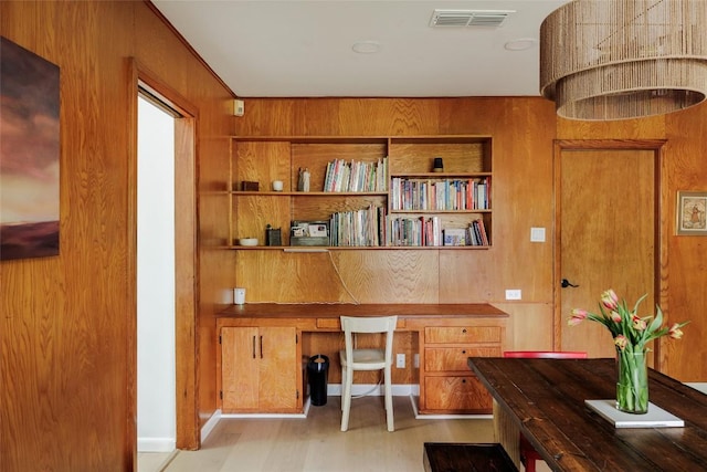 1805 Northridge Dr, Austin, TX 78723 - office featuring built in study area, wood walls, light wood-type flooring, and built in shelves
