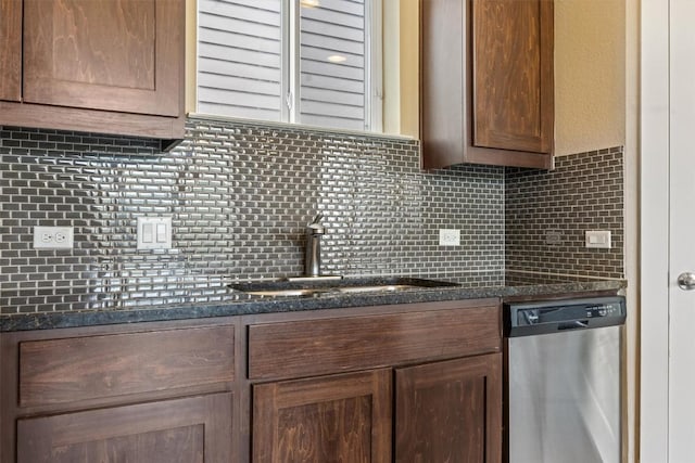 2621 Witsome Loop, Austin, TX 78741 - kitchen featuring stainless steel dishwasher, a sink, decorative backsplash, and dark brown cabinetry