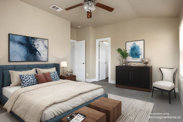 2621 Witsome Loop, Austin, TX 78741 - carpeted bedroom featuring vaulted ceiling, baseboards, and ceiling fan