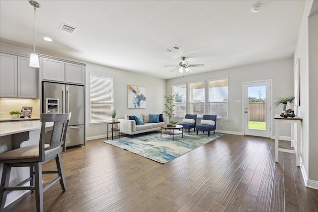 1716 Elaina Loop, Leander, TX 78641 - living area with a ceiling fan, baseboards, dark wood-style floors, and recessed lighting