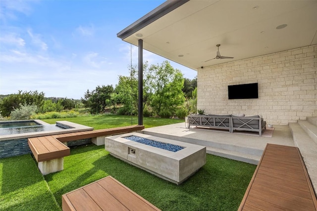 4202 Serene Hills Dr, Austin, TX 78738 - view of patio featuring a hot tub, ceiling fan, and an outdoor living space with a fire pit