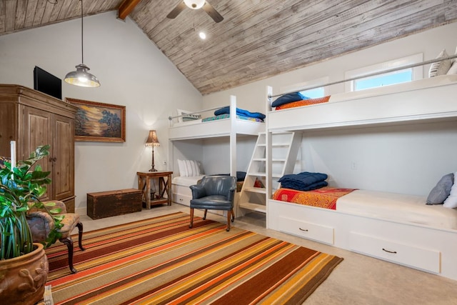 105 Valley View Trl, Comfort, TX 78013 - carpeted bedroom featuring wooden ceiling, beamed ceiling, and high vaulted ceiling