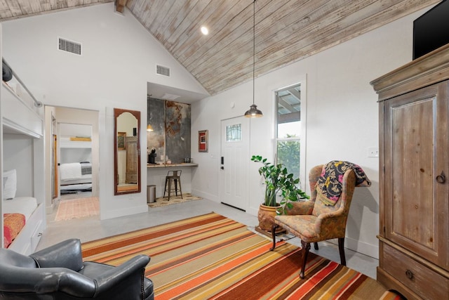 105 Valley View Trl, Comfort, TX 78013 - living area with wooden ceiling, baseboards, high vaulted ceiling, and recessed lighting